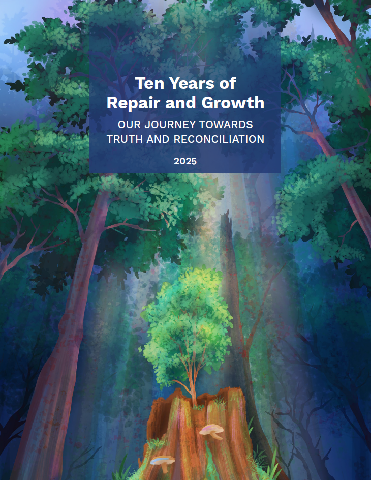 Cover page of the Ten Years of Repair and Growth report, featuring artwork by Pia Bond of a tree sprouting from a stump within a forest